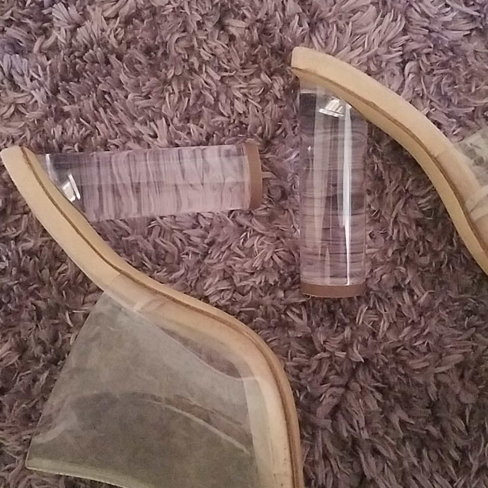 Lucite heel open toe mules